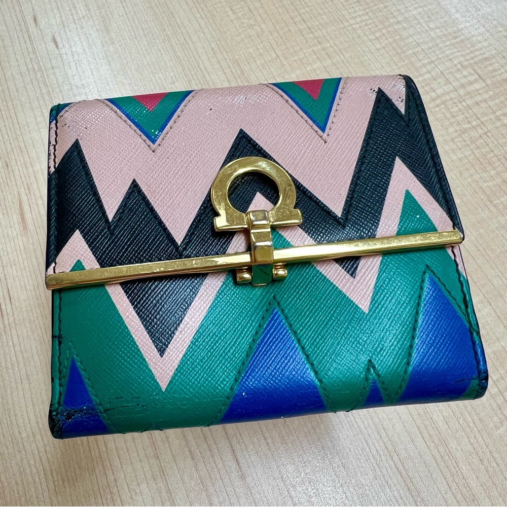 Ferragamo Chevron Wallet with Gold Hardware